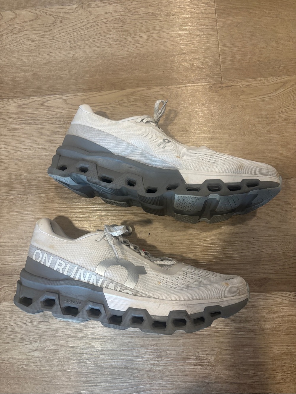 On Running Men’s Cloudmonster White and Gray Athletic Shoes